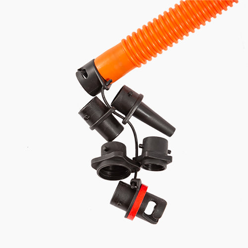 Blow Hard/Squall Pump Hose with Adapters featuring an orange corrugated hose and multiple black adapter nozzles designed for versatile inflation tasks in watersports equipment.