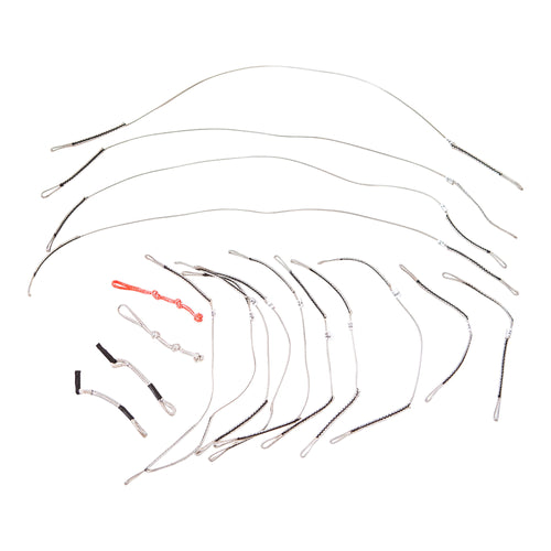 Multiple thin flexible bridle lines in various lengths and connector types designed for kite or wing foiling, part of the Code V1 Bridle Set.
