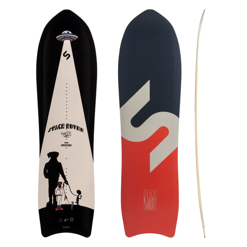 2024 Space Rover foil board shown from top, bottom, and side views featuring black, white, red, and navy blue colors with a space-themed graphic and sleek curved design.