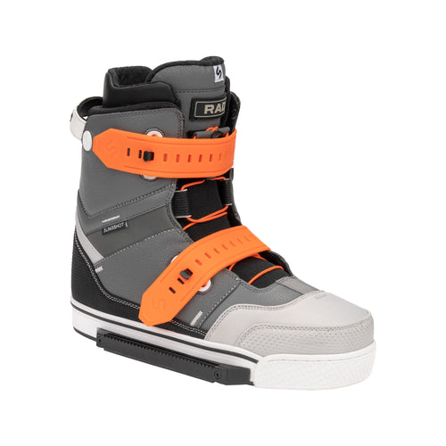 2024 RAD wakeboard boot in gray and white with bright orange adjustable straps, designed for comfort and performance in watersports and wakeboarding activities.