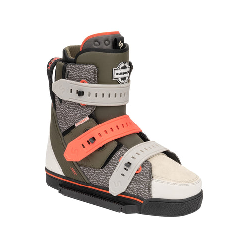 2024 Zuupack wakeboard boot featuring durable materials, adjustable straps in grey and coral, and a secure fit designed for rider-driven performance and versatility.