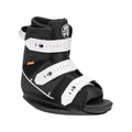 Option EverShred wakeboard boot in black with open-toe design and three adjustable white straps, featuring a high-performance board feel and durable construction.