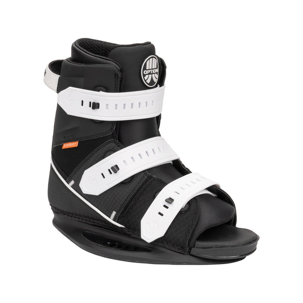 Option EverShred wakeboard boot in black with open-toe design and three adjustable white straps, featuring a high-performance board feel and durable construction.