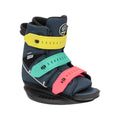 GROM EverShred wakeboard boot featuring vibrant yellow, teal, and pink adjustable straps, designed for a secure fit and enhanced board feel with a modular, rider-driven design.
