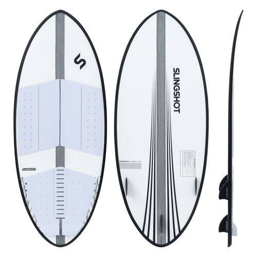 Three views of the Coaster V6 foil board showing the top with footpads, bottom with slingshot logo and stripe design, and side profile displaying its thin, curved shape for high performance.