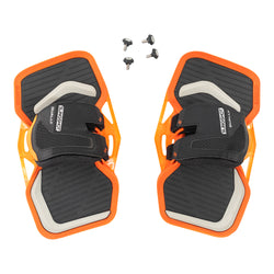 Pair of Dually V8 bindings with black straps and orange bases, shown with screws for mounting, designed for water sports and foil board setups.