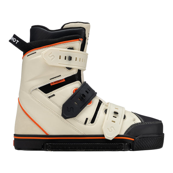 KTV EverShred wakeboard boots in beige with black and orange accents, featuring adjustable straps for secure fit and designed for riders seeking durability and board feel.