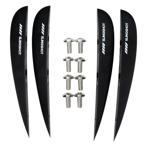 6" Wake Fin- pack of 4, Black V2" showing four black wakeboard fins with Slingshot branding and eight stainless steel mounting screws, designed for easy installation and durability.