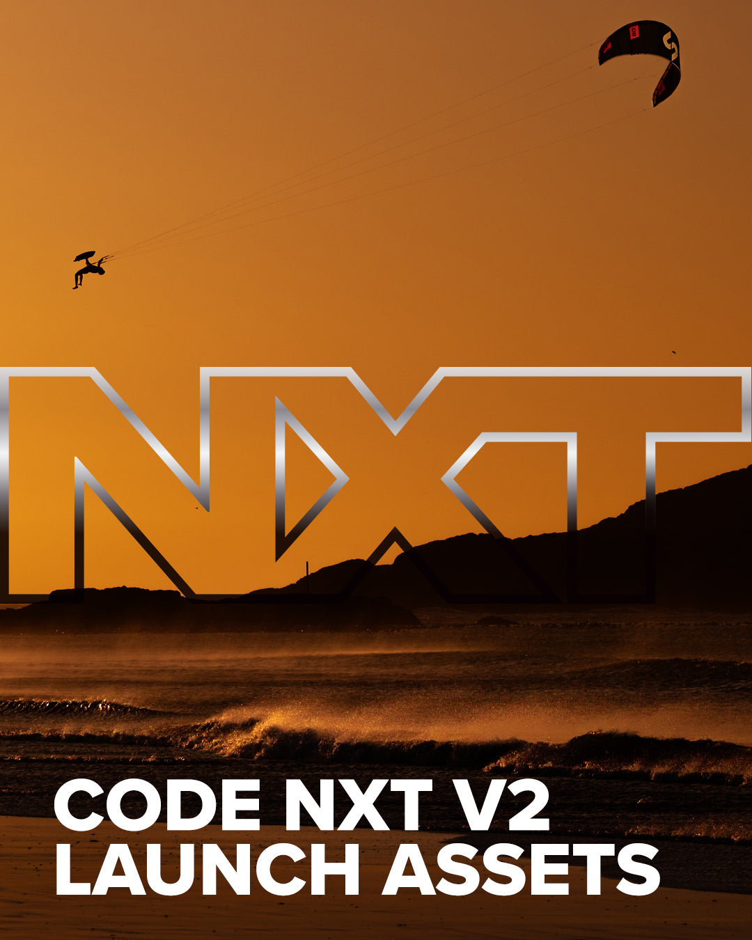 Kiteboarder silhouetted against an orange sunset sky, flying high above ocean waves with large stylized letters and text promoting Code NXT V2 launch assets.