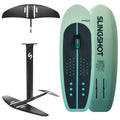 One-Lock Wake Family Package showing a modular foil setup with black wings and mast, paired with a teal and navy Slingshot wake foil board designed for beginner and family riders, part of the 2025 One-Lock Wake Foil Packages collection.