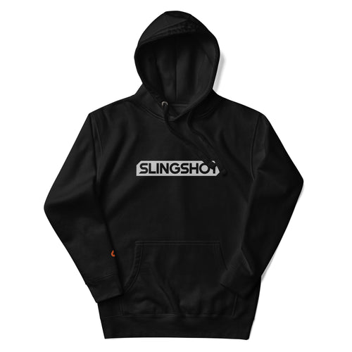 Black Contained Hoodie with a front pocket and hood, featuring the Slingshot logo across the chest in a clean, modern design ideal for riders and watersports enthusiasts.