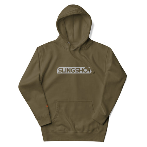 Contained Hoodie in military green with a front pocket and adjustable hood, featuring the Slingshot logo in a clean, rider-driven design style.